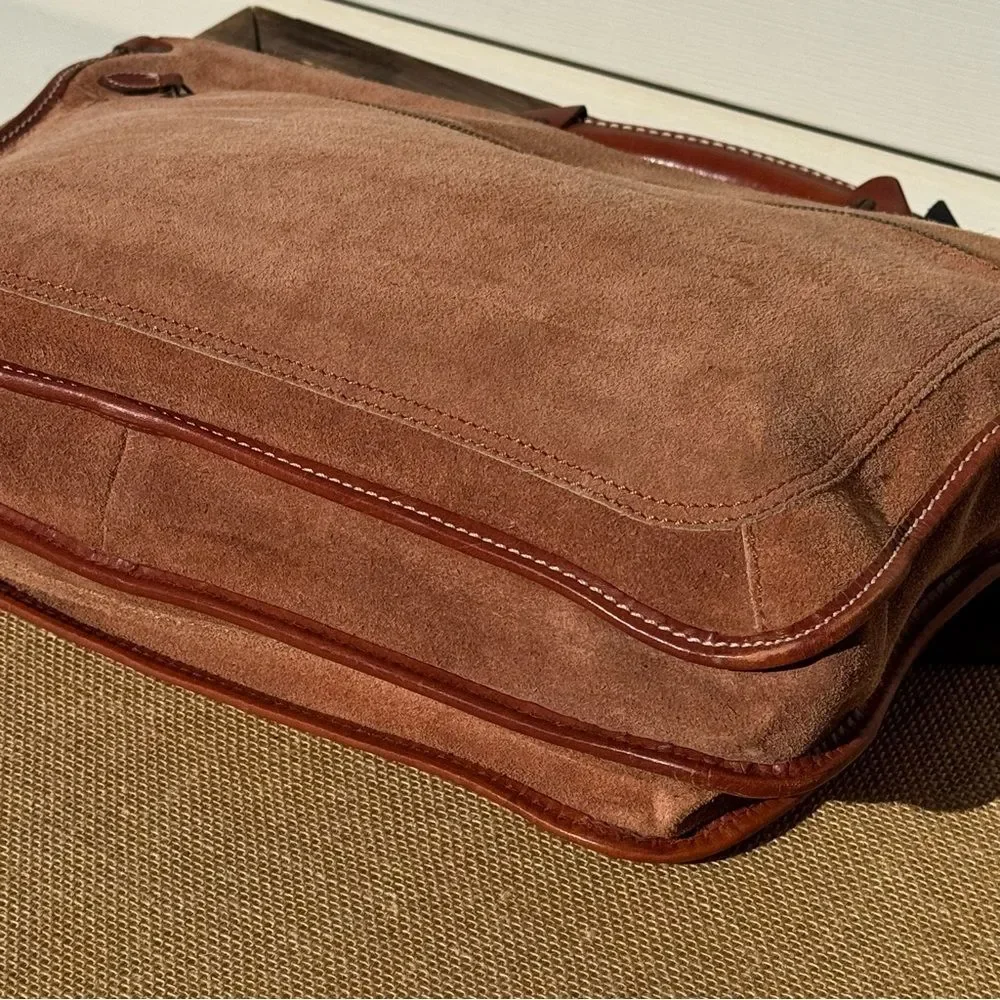 GoN Vintage Leather Suede Briefcase Messenger Bag Brown Plaid Lined 17”